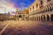 Beautiful evening sunset view of Doge's Palace,  San Marco Cathedral and Saint Mark's Square in Venice, Italy. Abstract oil painting.