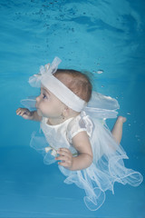 Little girl in fairy costume dives underwater in a swimming pool