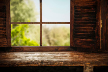 Wall Mural - Wooden brown window sill and spring time. 