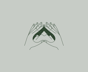 Wall Mural - vector abstract logo design template in simple linear style - hands and mountains - mystic abstract 