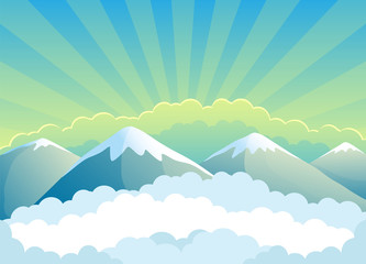 Wall Mural - Landscape with mountains and clouds on a sunrise background.