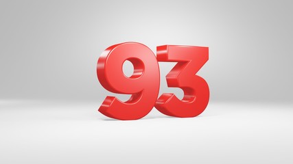 Number 93 in red on white background, isolated glossy number 3d render