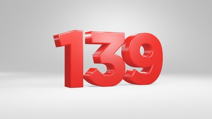 Number 139 in red on white background, isolated glossy number 3d render