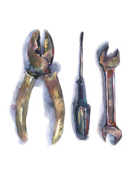 Watercolor tools: pliers, screwdriver, wrench. Hand drawn illustration isolated on a white background. 