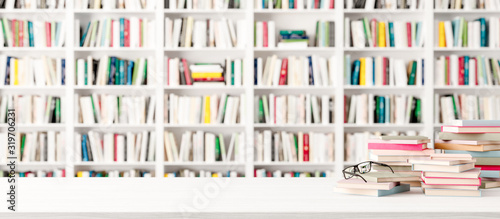 Fotomural White Bookshelves in the library 3d render 3d illustration