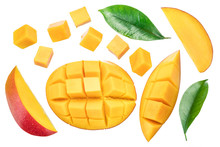 Set Of Mango Cubes And Mango Slices Isolated On A White Background.