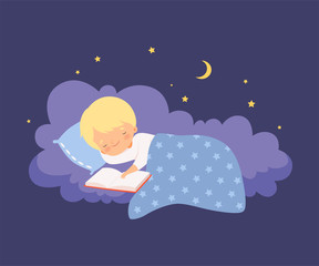 Wall Mural - Cute Little Boy Sleeping on a Cloud under the Blanket with Open Book Vector Illustration