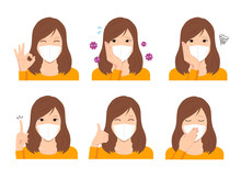 Young Woman Wearing A Mask Vector Illustration (upper Body) Set
