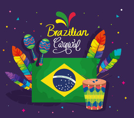 Poster - poster of brazilian carnival with flag and icons traditional