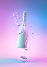 Party Background. Creative Design With Realistic 3d Festive Objects, Bottle Champagne Wine With Glass. Colorful Ultraviolet Holographic Neon Lights. Creative Concept