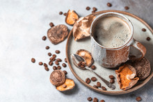 Mushroom Coffee, A Ceramic Cup, Mushrooms And Coffee Beans On Stone Concrete Background. New Superfood Trend.