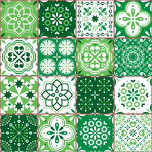 Portuguese Or Spanish Azujelo Vector Seamless Green Tiles Design - Lisbon Retro Blue Pattern, Tile Big Collection 	