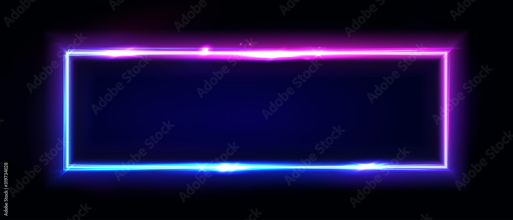 Neon rectangle frame or neon lights horizontal sign. Vector abstract background, tunnel, portal. Geometric glow outline shape or laser glowing lines. Abstract background with space for your text. - obrazy, fototapety, plakaty 