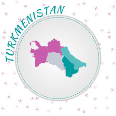 Turkmenistan map design. Map of the country with regions in emerald-amethyst color palette. Rounded travel to Turkmenistan poster with country name and airplanes background.