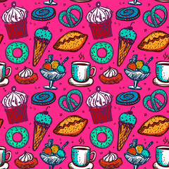 Sticker - Pastry sweets seamless pattern, hand drawn sketch food symbols