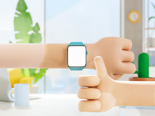 Wall Mural - Cartoon device Mockup. Cartoon hand with smart watch at his desk in the office. 3d illustration.