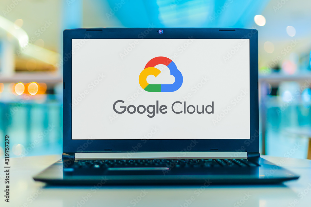 Laptop computer displaying logo of Google Cloud Platform Stock Photo ...