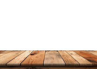 Wall Mural - brown empty wooden table top isolated on white background, used for product placement or wooden boar