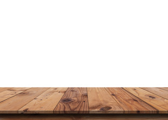 Wall Mural - brown empty wooden table top isolated on white background, used for product placement or wooden boar