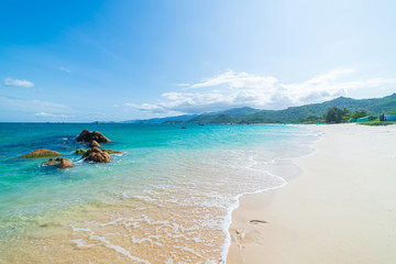 Canvas Print - Gorgeous tropical beach turquoise transparent water unique rock boulders, Cam Ranh Nha Trang Vietnam south east coast travel destination, desert beach no people clear blue sky