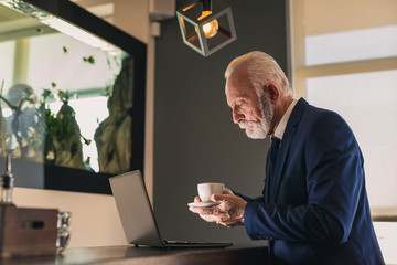 Senior businessman drinking coffee and using laptop computer