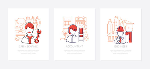 Wall Mural - different professions - line design style banners set