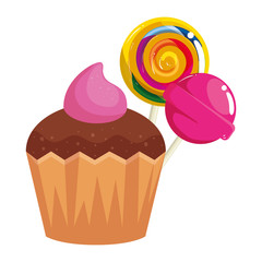 Sticker - delicious cupcake with lollipops isolated icon