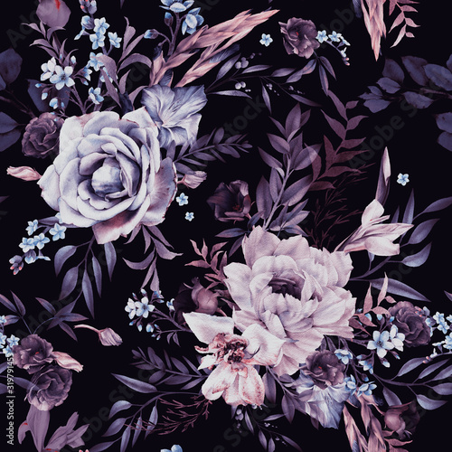 Dekoracja na wymiar  kwiatowy-wzor-z-kwiatami-na-ciemnym-tle-akwarela-projekt-szablonu-do-tekstyliow-wnetrz-ubran-tapet-sztuka-botaniczna