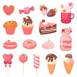 Cute Valentines sweets. Heart lollipop, sweet ice cream and strawberry cake. Candy cartoon vector illustration set. Collection of pink romantic desserts and confections - cupcakes, macarons, candies.