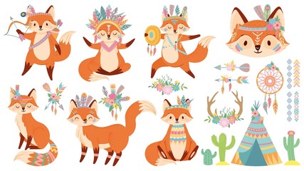 Wall Mural - Tribal fox. Cute foxes, indian feather warbonnet and wild animal cartoon vector illustration set. Funny happy character and traditional native American items - tipi, dreamcatcher, bow and arrows.