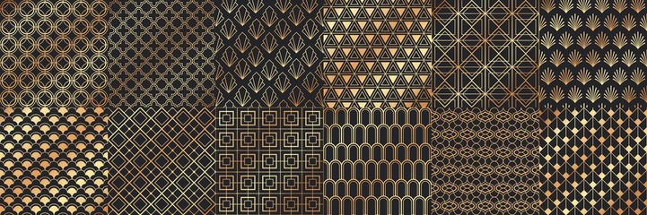 Wall Mural - Golden art deco seamless patterns. Luxury decorative geometrical ornaments, gold geometric shapes and vintage pattern vector set. Bundle of elegant retro textures with circles, squares, leafs, waves.