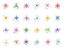 Colorful Sparkle Stars. Glitter Lights, Color Sparks And Shiny Star Light Elements Vector Set. Collection Of Shimmering Or Twinkling Flashes. Magic Outburst Decorative Design Elements In Flat Style.