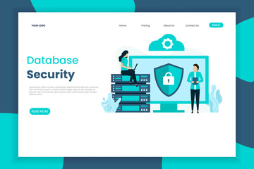 Wall Mural - Database security landing page template. Women sitting on servers and men holding laptops.Landing page template