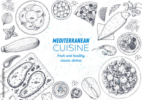 Cuadros en Lienzo Mediterranean cuisine top view frame