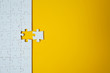 White jigsaw puzzle on yellow background. Team business success partnership or teamwork