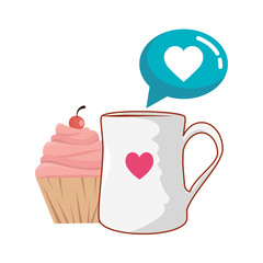 Sticker - delicious cupcake with cup drink and speech bubble