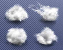 Realistic Cotton Wool, Clouds Or Wadding Balls Set Isolated On Transparent Background. Smooth Soft Pieces Of White Fluffy Material, Pure Fiber Close Up Design Elements 3d Vector Illustration, Clip Art