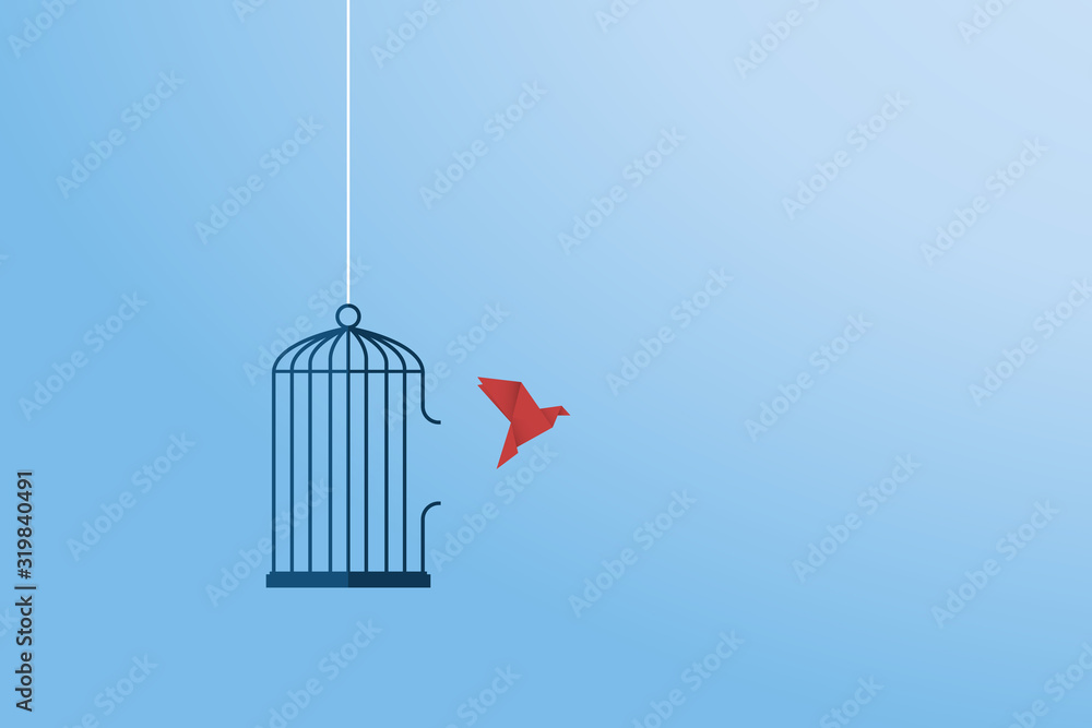 Flying bird and cage. Freedom concept. Emotion of freedom and happiness. Minimalist style. - obrazy, fototapety, plakaty 