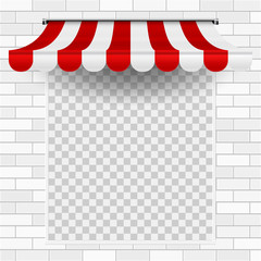 Wall Mural - White brick wall with striped awning above the window place. Empty space instead of a window. Vector illustration