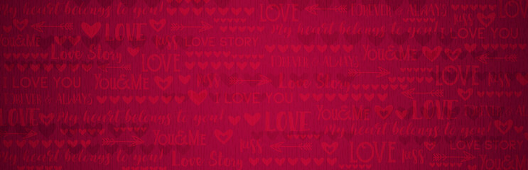 Wall Mural - banner with red valentines hearts and love inscriptions. valentines greeting background. horizontal 