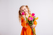 little blonde girl in an orange dress holds tulips and gerberas in her hands on a white background, a child girl smiles and holds spring flowers in her hands, space for text