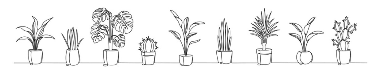 Set of continuous one line drawing of a flowers in a pots