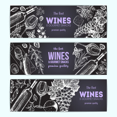 Wines and gourmet snacks banner collection. Gourmet food set vector illustration. Local wines and gourmet snacks shop design template.