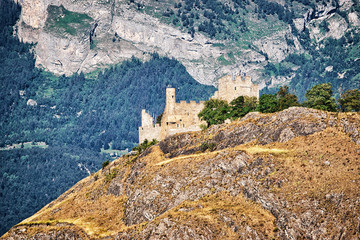 Canvas Print - Tourbillon castle and landscape in Sion, capital of Canton Valais, Switzerland.