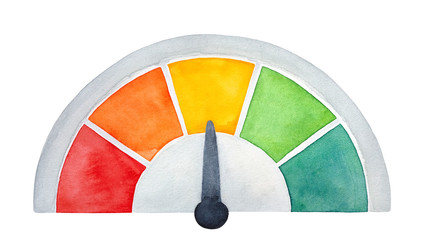 Colorful speedometer sign with five colors (red, orange, yellow, light and dark green). Symbol of speed, power, force, sport car. Hand painted watercolour drawing, cut out clip art element for design.