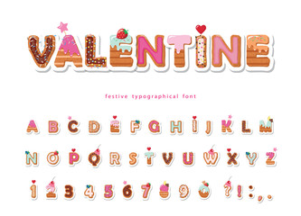 Wall Mural - Valentine sweet font. Cute decorative alphabet. Girly cartoon letter and number stickers. Paper cut out. Vector.