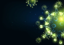 Futuristic Abstract Background With Glowing Low Polygonal Virus Cells On Dark Green Background.