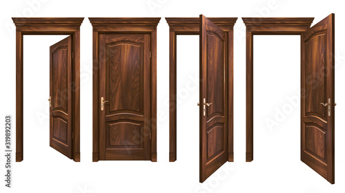 Fotomural Closed and open brown wooden doors isolated on white
