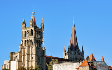 Wall Mural - Cathedral of Notre Dame, Lausanne, Switzerland. Seen from Le Flon district