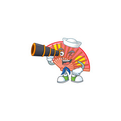 Sticker - Red chinese folding fan cartoon happy Sailor style with binocular